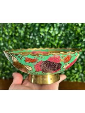 Vintage Brass Enamel Peacock Pedestal Bowl India Boho Decor